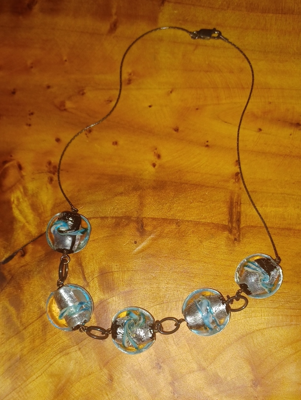 VTG Murano Style Blown Glass Silver Foil Disc Necklace 925 Sterling Silver Itali